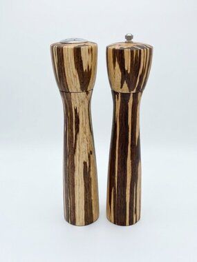 Vintage Mid Century 12" Zebrawood Salt & Pepper Grinder Mill Set New Old Stock